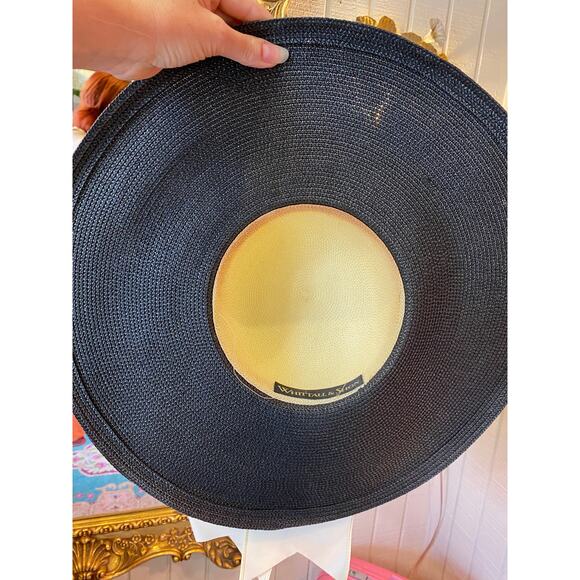 Vintage 1980s wide brim hat cream and black satin bow whittall classic 80 summer main image 7